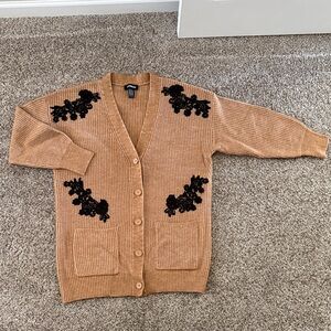 Express Tan Cardigan with Black Floral Accents